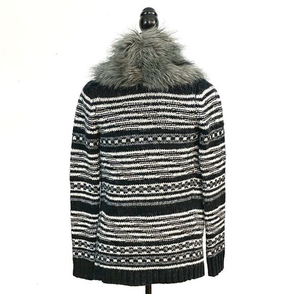 Express (Removable) Faux Fur Collar Sweater Coat - Geometric Stripe - S - Picture 3 of 7